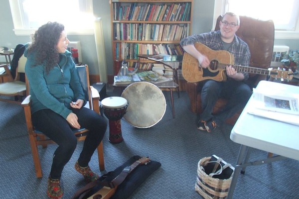 PEI singer-songwriter Mary MacGillivray and Gaelic College's Gaelic Cultural Interpreter Colin MacDonald sharing some tunes - photo: Joyce MacDonald