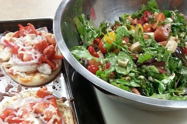 Butter chicken pizza on naan bread and a watermelon and mozzarella salad, prepared by Chef Janice MacKay on the final week of Sobeys Dietitian Natasha Harrietha’s popular 8 Week Healthy Weight program – photo: Janice MacKay