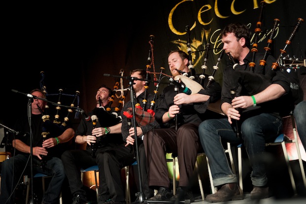 Paul MacNeil, Rankin MacInnis, Keith MacDonald, Kevin Dugas, and Kenneth MacKenzie of Nuallan on stage at Celtic Colours  – photo: Corey Katz