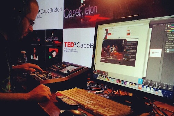  TEDxCapeBreton Production Coordinator Darcy Campbell in the control room. Campbell's new company NovaStream, formed with Scott Moore, was responsible for the live streaming of the event - photo: Scott Moore