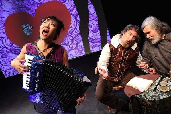 Susan Hwang, Bob Holman, and Julian Kytasty in Yara Arts Group's "Captain John Smith Goes to Ukraine". Staged in association with Celtic Colours International Festival, the play opens CBU Boardmore Theatre's 44th Season of Plays - photo: Virlana Tkacz