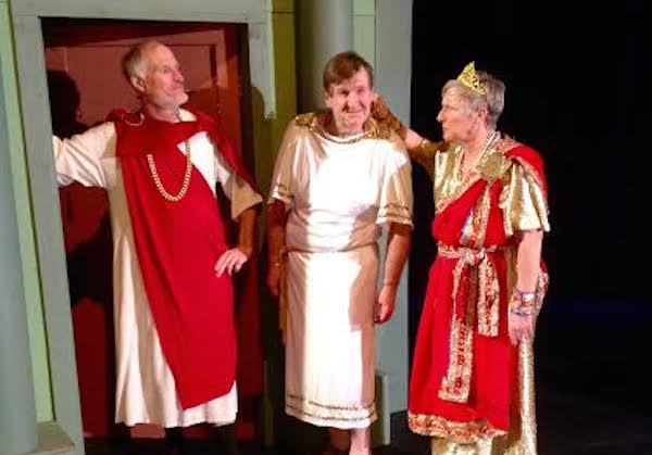Cameron MacDonald (Lycus), Ian Green (Senex), and Carol MacDougall (Domina) prepare for Tuesday's opening of CBU Boardmore Theatre's production of A Funny Thing Happened on the way to the Forum.