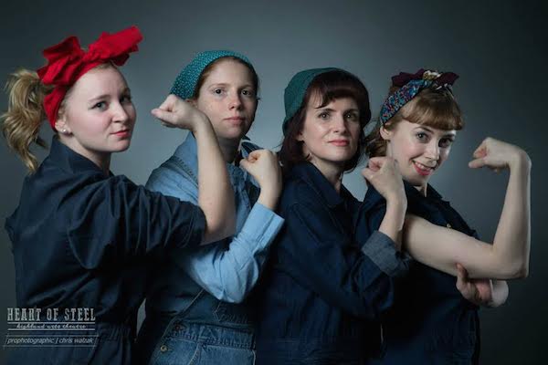From left to right: Margaret MacPherson, Kristine Woodford, Maureen MacAdam, and Hilary Scott show what it takes to work in the Sydney Steel Plant during wartime in the Highland Arts Theatre production of 'Heart Of Steel' running nightly at 7:30 pm until Friday, March 27. - photo Chris Walzak