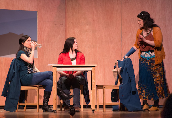 Jill Taylor, Amber Tapley and Rachel Rossiter are completely believable as sisters Beth, Ruth and Lily, seen here having a tense lunch in Highland Arts Theatre's production of Zadie's Shoes - photo: Chris Walzak