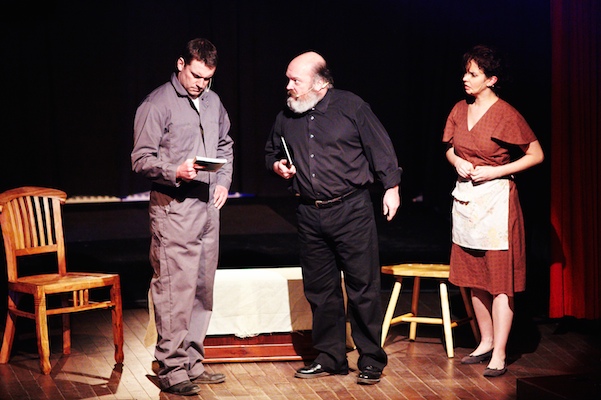 Jarrod MacLean as Joe Laben, Sheldon Davis as Father Jimmy Tompkins and Laura Caswell as Mary Laben in a January production of Lindsay Kyte's play Tompkinsville - photo Michael Halbwachs