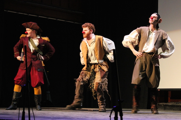 Amber Cragg, Paul Bishop, and Eric Letcher as the bumbling, bellicose buccaneers of the Shark de Triomphe in the Boardmore Playhouse’s production of Emil Sher’s children’s comedy, “Bluenose”.