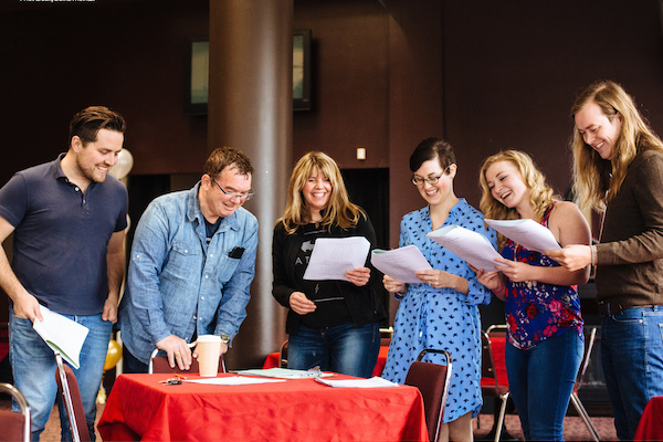 Cast of the Cape Breton Summertime Revue: The Next Generation have a laugh going through this year's script. Left to right: Peter McInnis, Maynard Morrison, Jennifer Sheppard, Stephanie Hennessey, Margaret MacPherson and Jordan Musycsyn - photo: David McIvor