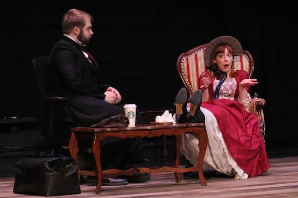 Wesley J. Colford, as “Dr. Watson”, and Hilary Scott, as “Eliza”, try to untangle a romantic mystery in “The (Curious Case of The) Watson Intelligence” on stage at the Highland Arts Theatre - Photo: Jessica Hardy/HAT